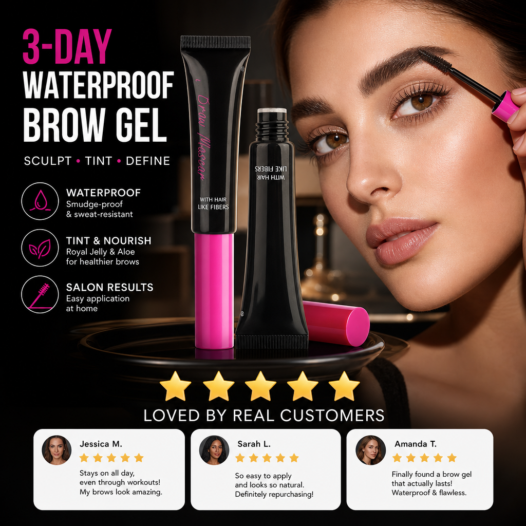 Arenzza vegan eyebrow gel in a sleek tube, showcasing the buildable formula, 16-hour wear, and flake-resistant finish.