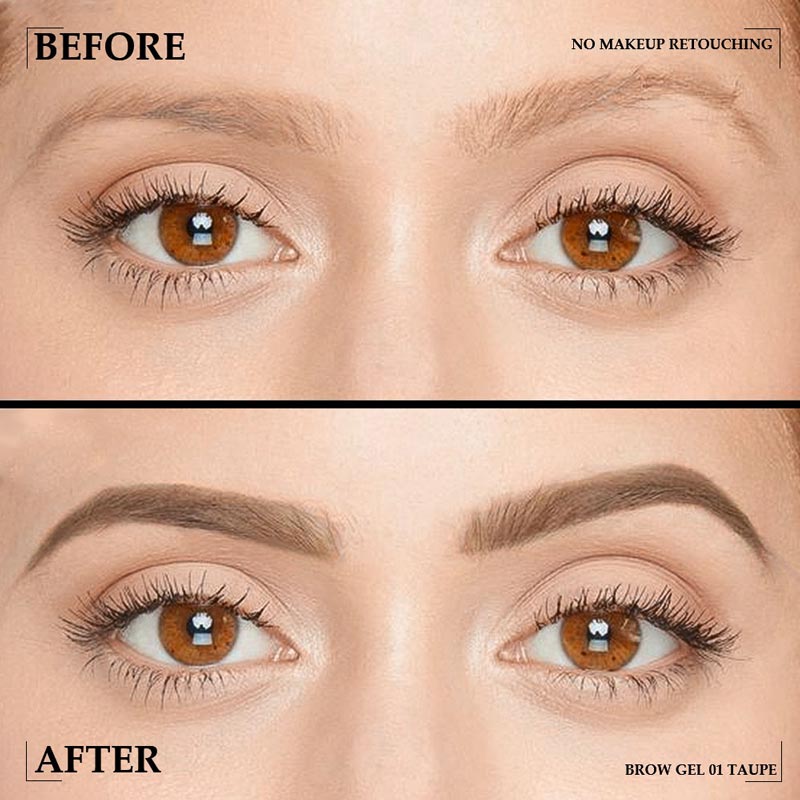 Arenzza vegan eyebrow gel in a sleek container, showing the product's buildable, flake-resistant formula for long-lasting brow enhancement.