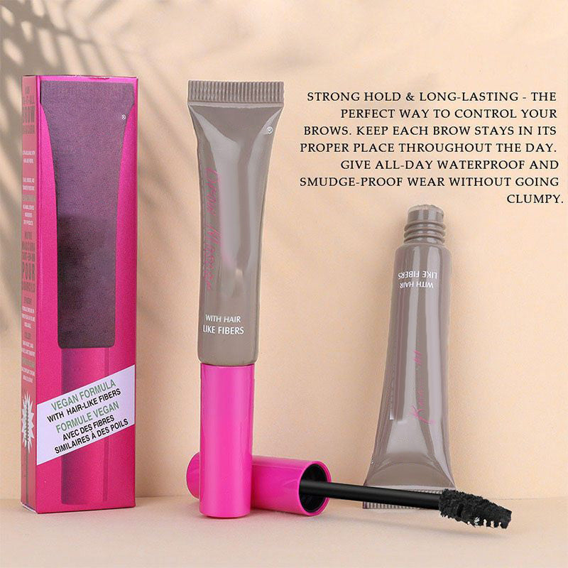 Arenzza vegan eyebrow gel in a sleek container, showing the buildable, flake-resistant formula designed for 16-hour wear.