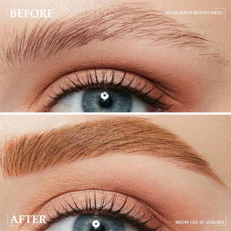 Aarenza vegan eyebrow gel in a clear tube with a brush applicator, showcasing 16-hour wear and buildable, flake-resistant formula.
