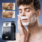 Arenzza transparent mini electric shaver with waterproof design, showing its sleek compact body and electric blade in close-up.