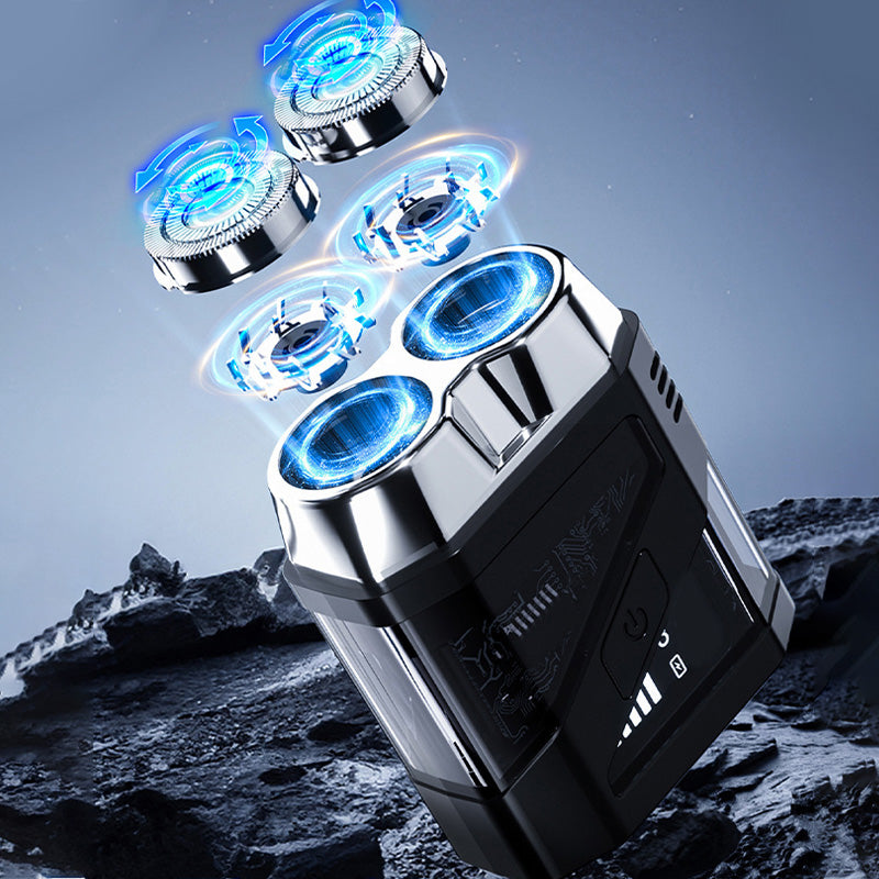 A transparent mini electric shaver by Arenzza showing a compact, waterproof design with a clear body and shaving head.