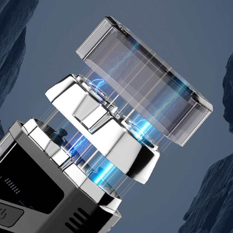 A transparent mini electric shaver by Arenzza with waterproof design, showing close-up of the compact shaver with blades and handle.