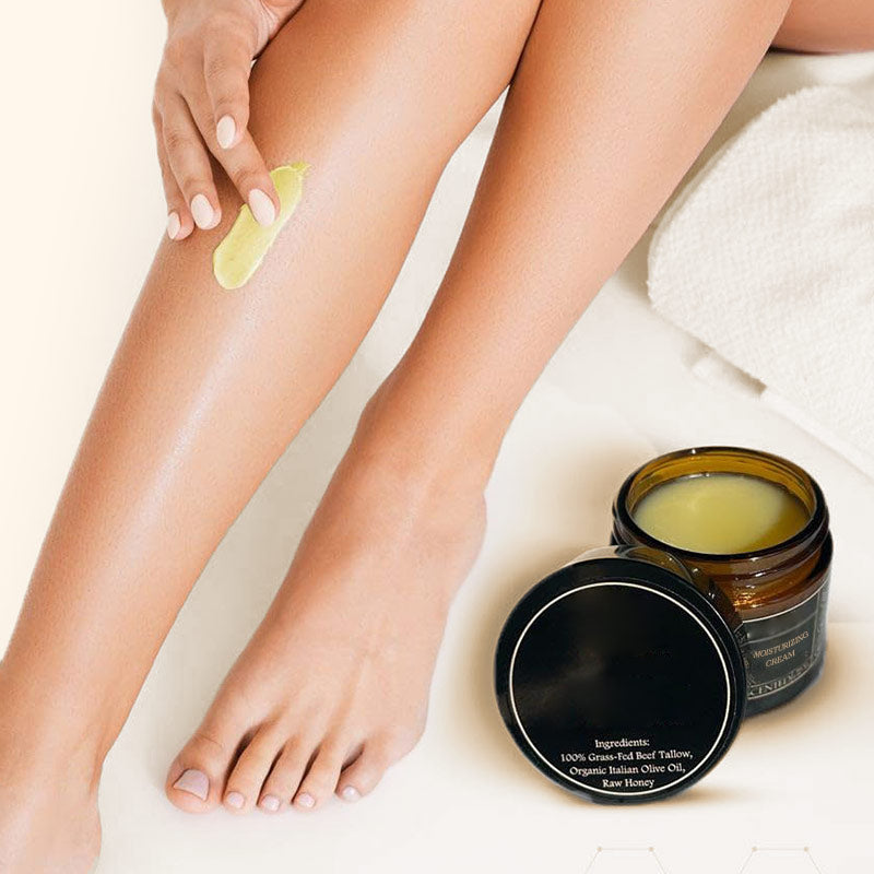 Arenzza Organic Beef Tallow Balm with Honey moisturizing cream in a jar, showcasing its natural, nourishing ingredients for healthy skin.