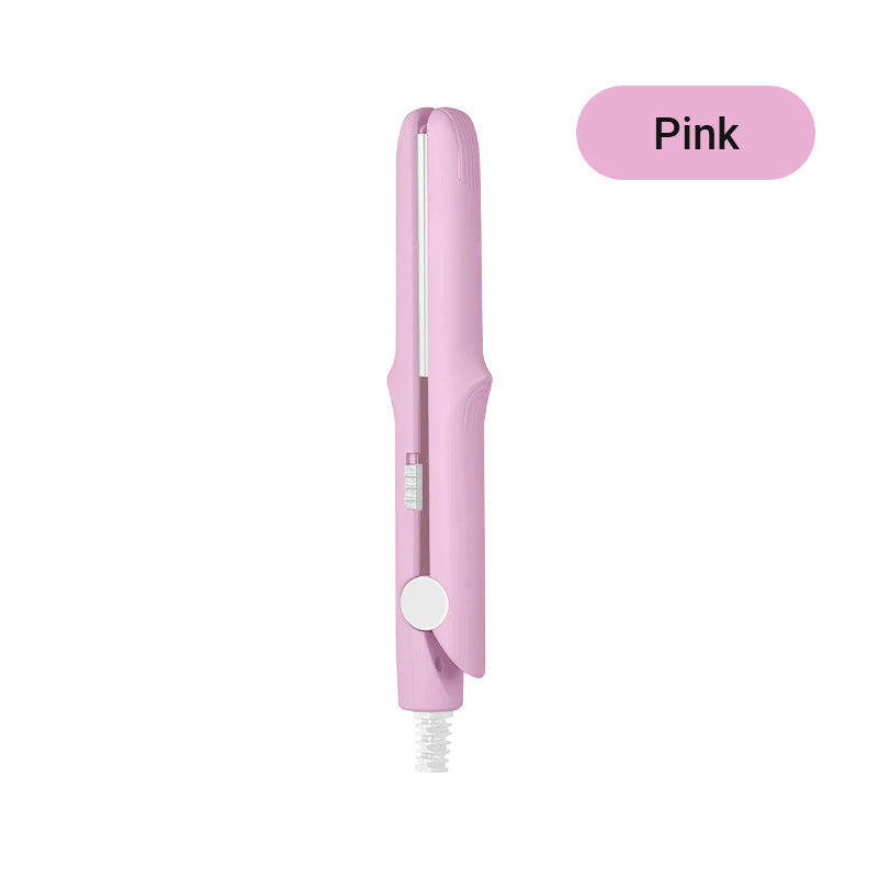 Arenzza 2-in-1 mini curling wand and flat iron hair straightener with black and silver design, compact for easy styling.