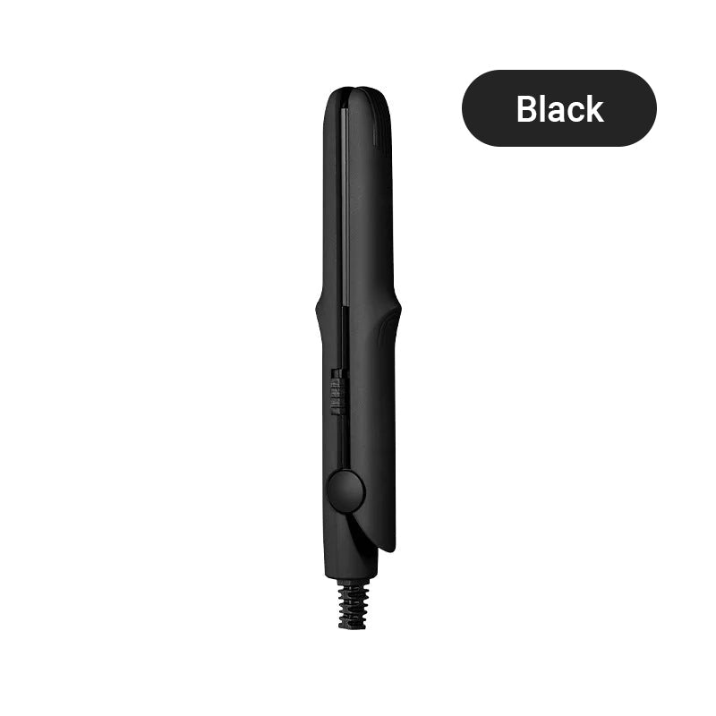Arenzza 2-in-1 mini curling wand and hair straightener in black with digital controls and ergonomic handle, suitable for styling hair.