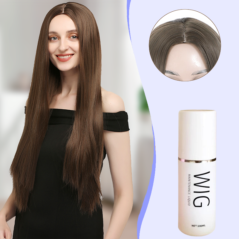 Arenzza wig hair care spray bottle for synthetic and natural wigs, with a nozzle and clear label, in a health and beauty setting.