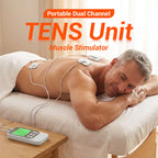 Arenzza portable dual channel TENS unit muscle stimulator for pain relief and muscle therapy, compact and easy to use.