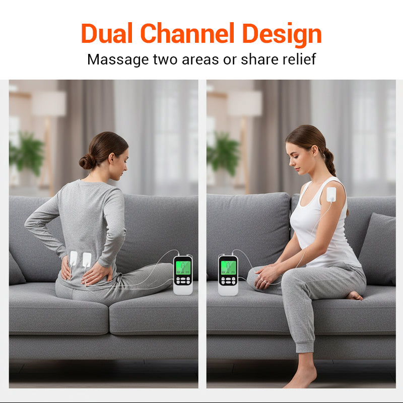 Arenzza portable dual channel TENS unit muscle stimulator for pain relief and muscle therapy, compact and easy to use.