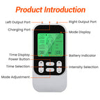 Arenzza portable dual channel TENS unit muscle stimulator with control buttons and display screen for pain relief and muscle therapy.