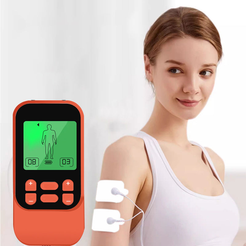 Arenzza portable dual channel TENS unit muscle stimulator with digital display and control buttons for pain relief and muscle therapy.