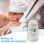 Arenzza sliding lid toothbrush organizer with hygienic design, drip-free feature, and space-saving storage for bathroom use.