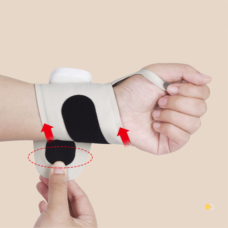 Arenzza rechargeable electric wrist massager with adjustable straps and padded design for targeted hand and wrist relief.