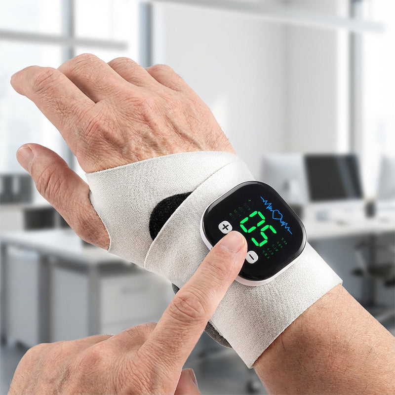 Arenzza rechargeable electric wrist massager with adjustable settings, designed to soothe and relax tired wrists.