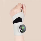 Arenzza rechargeable electric wrist massager with adjustable straps and digital control display for relieving wrist pain.