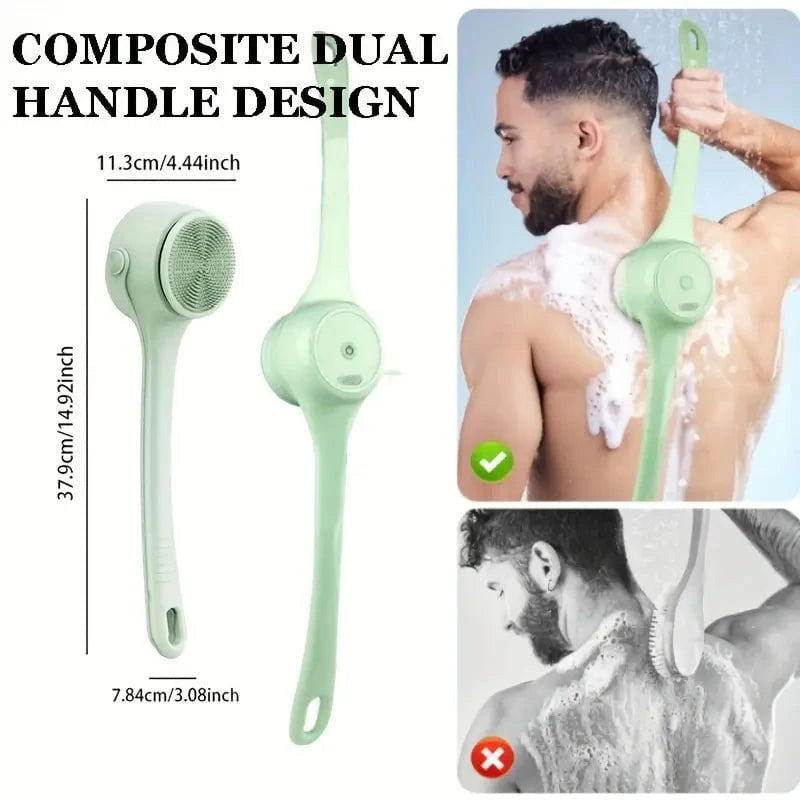 Arenzza electric long handle exfoliating bath brush with a textured brush head for gentle skin cleansing and exfoliation.