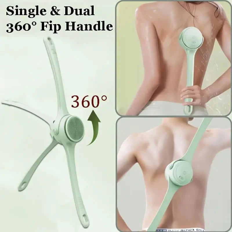 Arenzza electric long handle exfoliating bath brush with a textured brush head and ergonomic handle for skin cleansing.