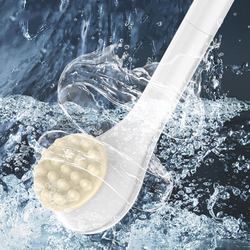 Arenzza electric long handle exfoliating bath brush with a textured brush head for gentle skin exfoliation in the shower.