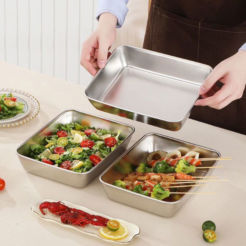 Arenzza stainless steel square plate with lid for home improvements, showcasing a sleek, durable kitchen storage solution.