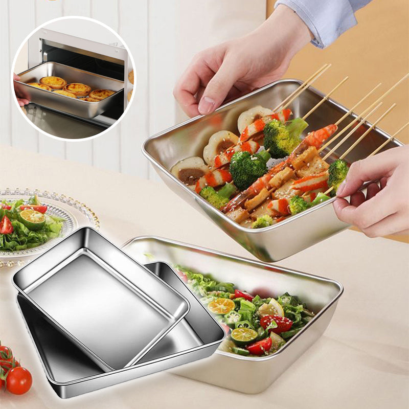Arenzza stainless steel square plate with lid, ideal for home improvements, showing a sleek, durable design with a matching lid.