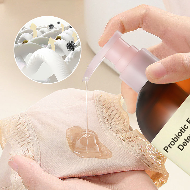 A woman’s underwear being washed with Arenzza anti-bacterial care detergent, emphasizing cleanliness and hygiene in home laundry care.