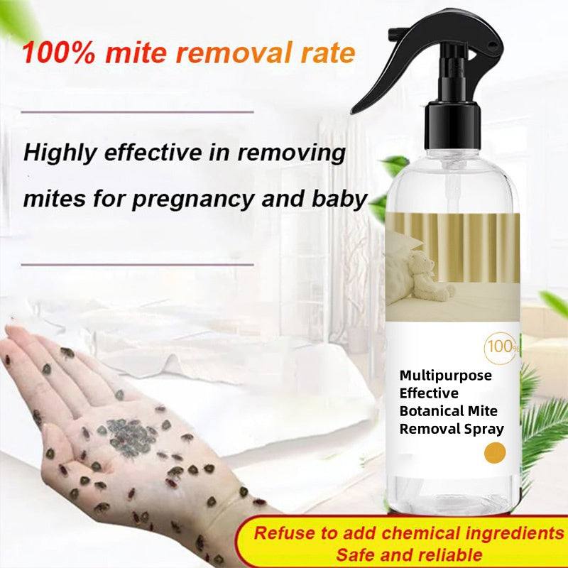 Arenzza botanical mite removal spray bottle for home use, with a green label and spray nozzle, on a white background.
