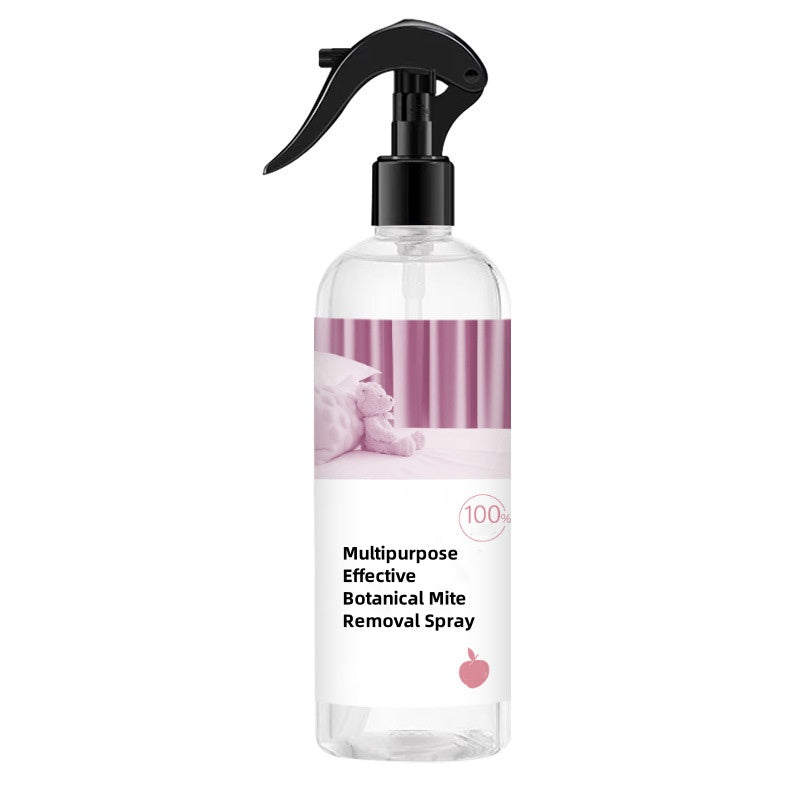 Arenzza botanical mite removal spray bottle for home use, with a spray nozzle and label visible on a white background.