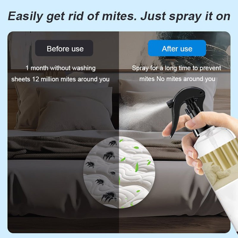 Arenzza botanical mite removal spray bottle showing the label and spray nozzle, ideal for home pest control.