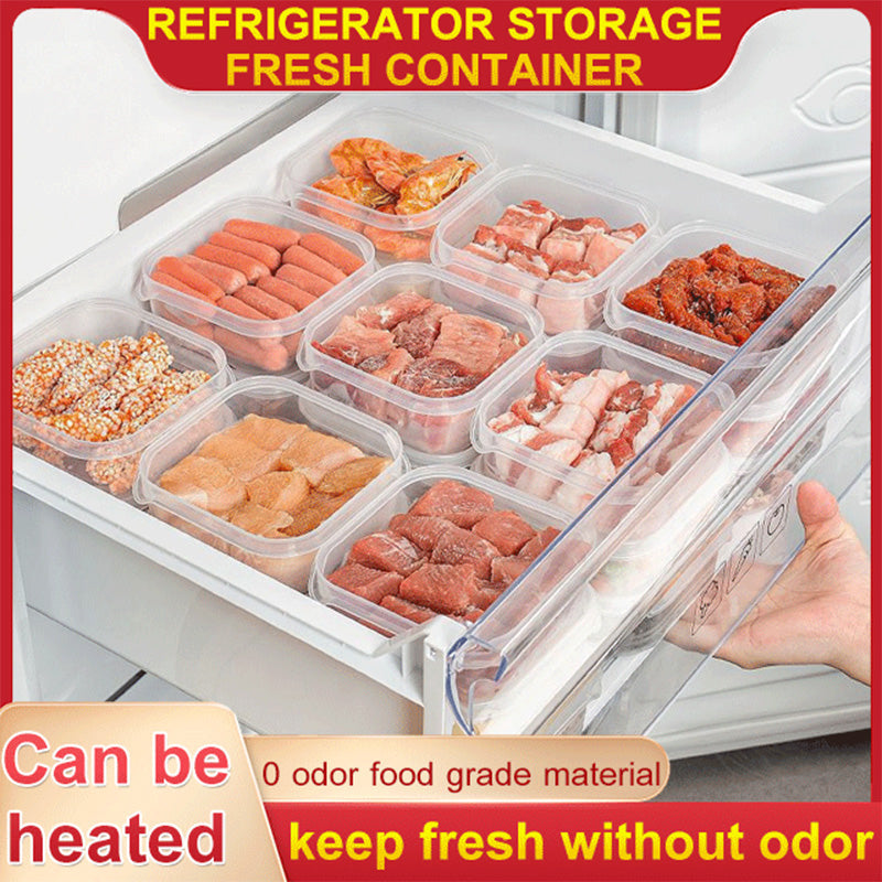 Arenzza refrigerator fresh frozen meat storage container in a home kitchen, designed for freezing and organizing meat.