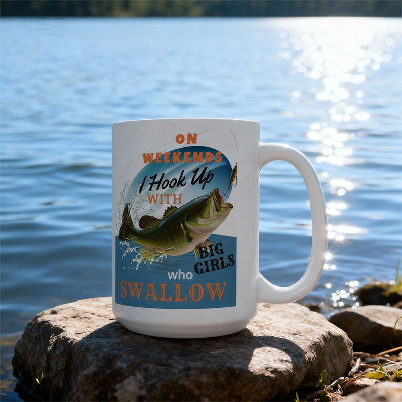 Arenzza Fish Tales ceramic coffee mug featuring colorful fish illustrations on a white background.