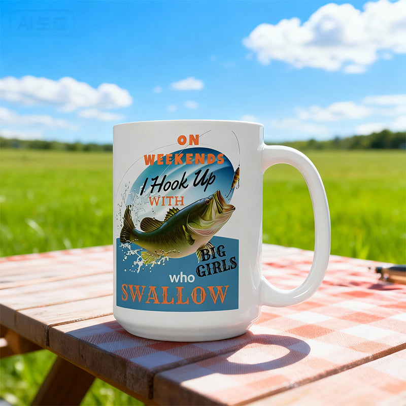Arenzza Fish Tales ceramic coffee mug featuring colorful fish illustrations on a white background.