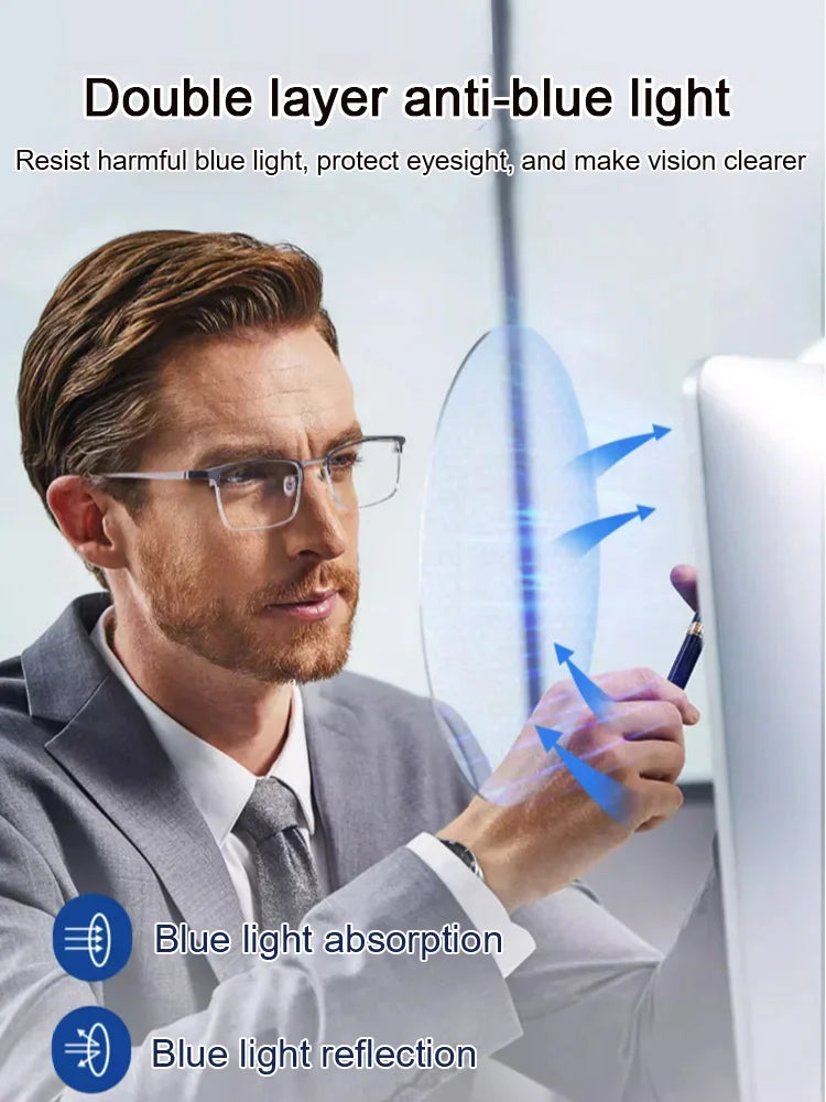 A pair of Arenzza presbyopic reading glasses with anti-blue light lenses, featuring a sleek frame design for comfortable reading.