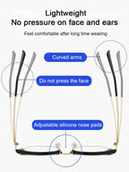 A pair of Arenzza ultra anti-blue light presbyopic reading glasses with clear lenses, designed for reducing eye strain.
