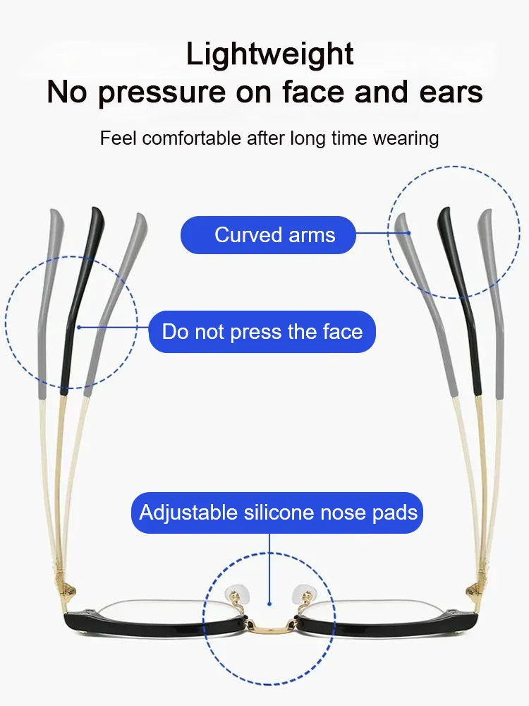 A pair of Arenzza ultra anti-blue light presbyopic reading glasses with clear lenses, designed for reducing eye strain.