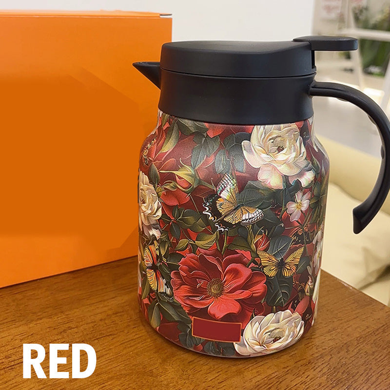 Arenzza 1000ml vacuum insulated teapot with strainer, stainless steel, and leak-proof lid for hot beverages in a sleek design.