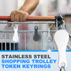 Two stainless steel shopping trolley token keyrings by Arenzza, featuring a hot selling design with keyring attachments.