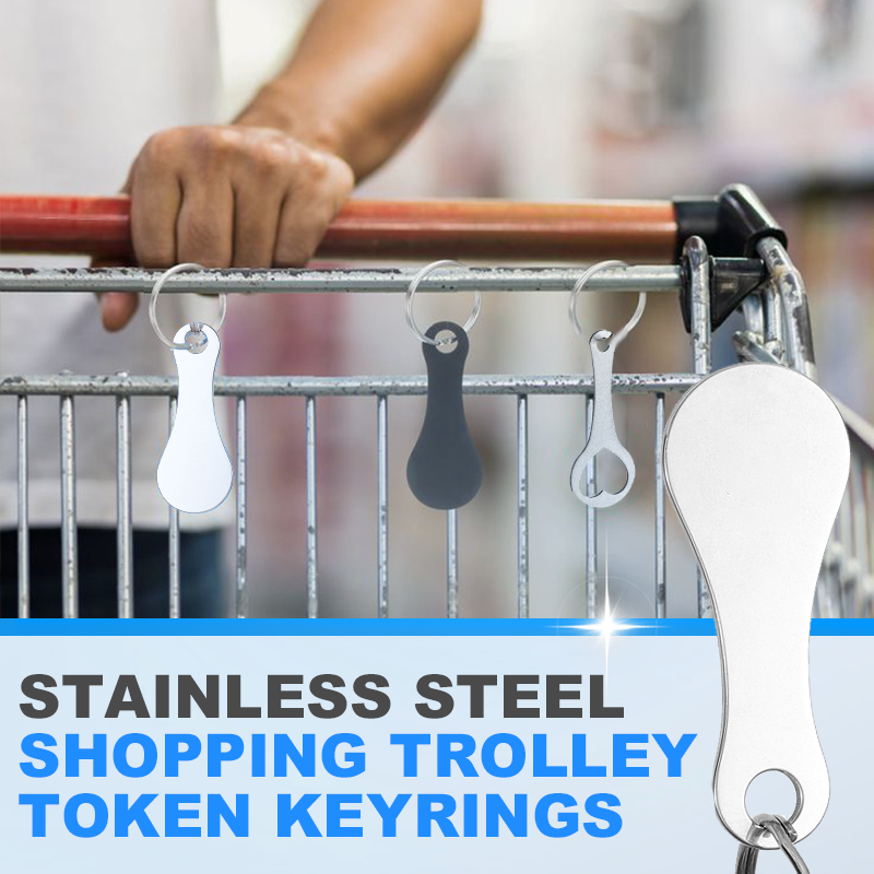 Two stainless steel shopping trolley token keyrings by Arenzza, featuring a hot selling design with keyring attachments.