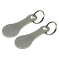 Two stainless steel shopping trolley token keyrings by Arenzza, featuring engraved keyring designs for convenient trolley access.