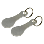 Two stainless steel shopping trolley token keyrings by Arenzza, featuring engraved keyring designs for convenient trolley access.