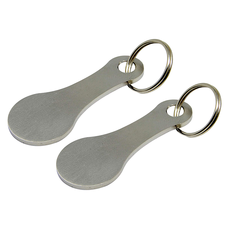 Two stainless steel shopping trolley token keyrings by Arenzza, featuring engraved keyring designs for convenient trolley access.