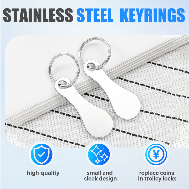 Two Arenzza stainless steel shopping trolley token keyrings with hot selling design, featuring keyring attachments and engraved branding.