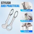 Two stainless steel shopping trolley token keyrings by Arenzza, featuring a sleek, durable design for easy trolley coin use.