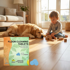 Arenzza multi-surface floor cleaning tablets in a white container, designed for household cleaning and effective on various surfaces.
