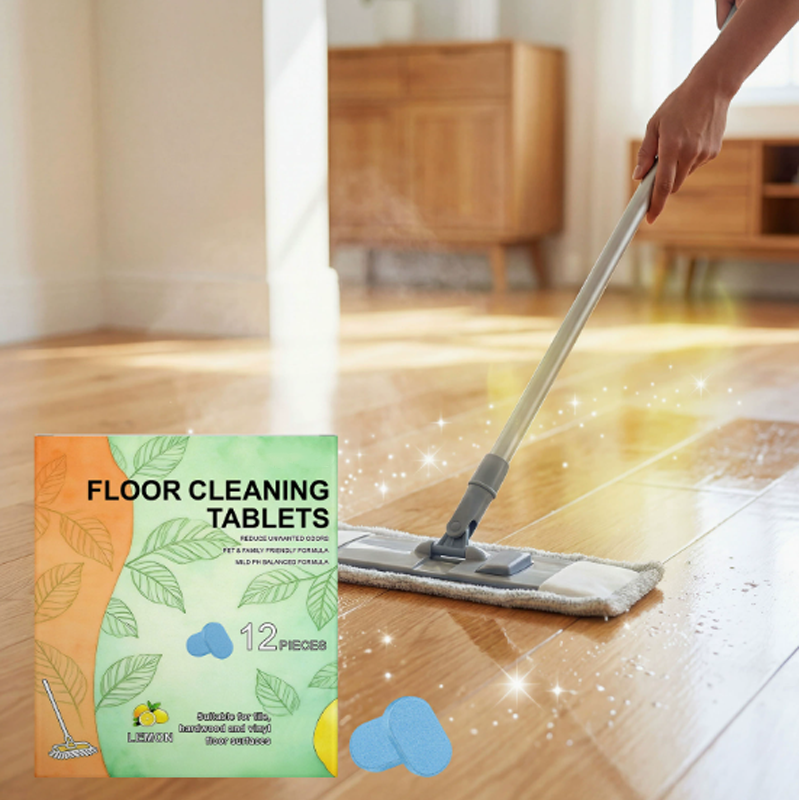 Arenzza multi-surface household cleaning tablets for floors, shown in a clear container ready for use.