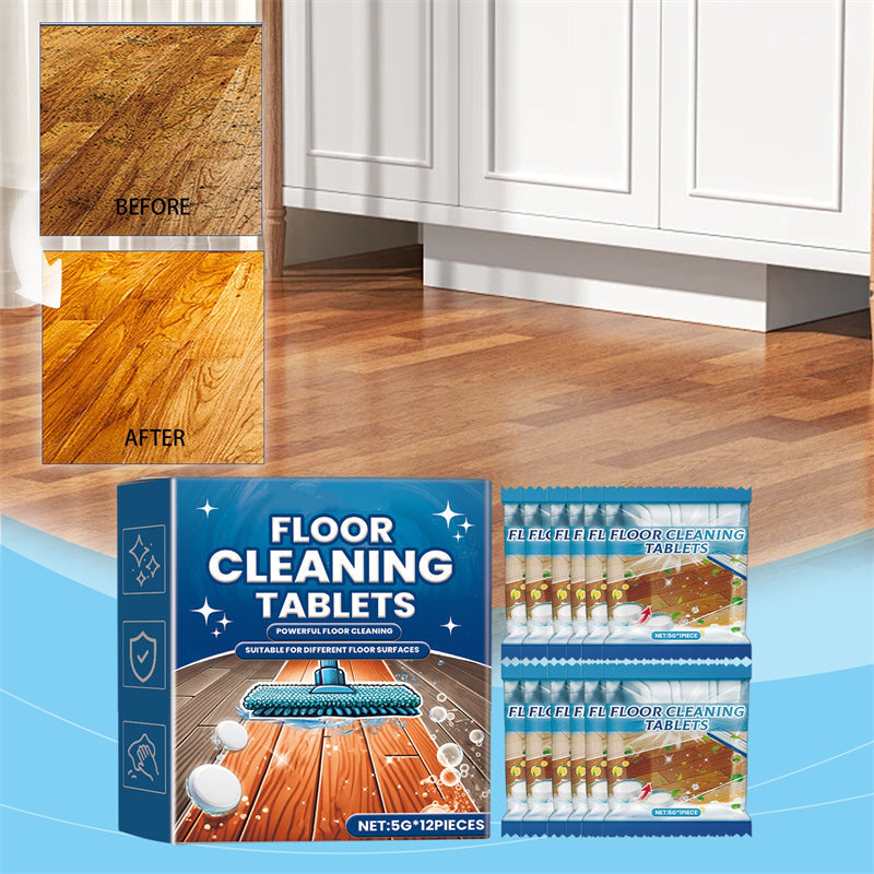 Arenzza effervescent floor cleaning tablets for household use, displayed in a clear container with some tablets visible.