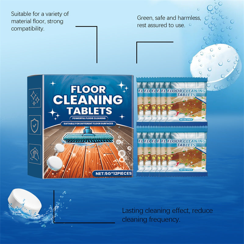 Arenzza effervescent floor cleaning tablets dissolving in water, used for household cleaning of hard floors.