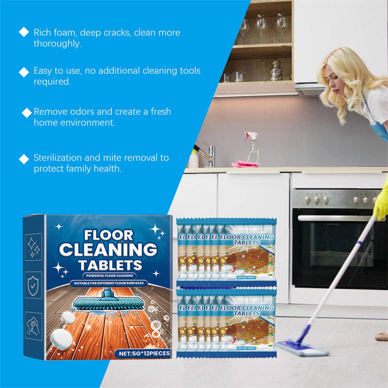 Arenzza effervescent floor cleaning tablets in a container, ready for household cleaning to remove dirt and grime from floors.