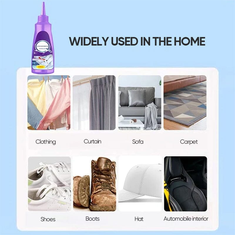 A white shirt with a stain being treated by Arenzza Active Enzyme Laundry Stain Remover in a household cleaning setting.