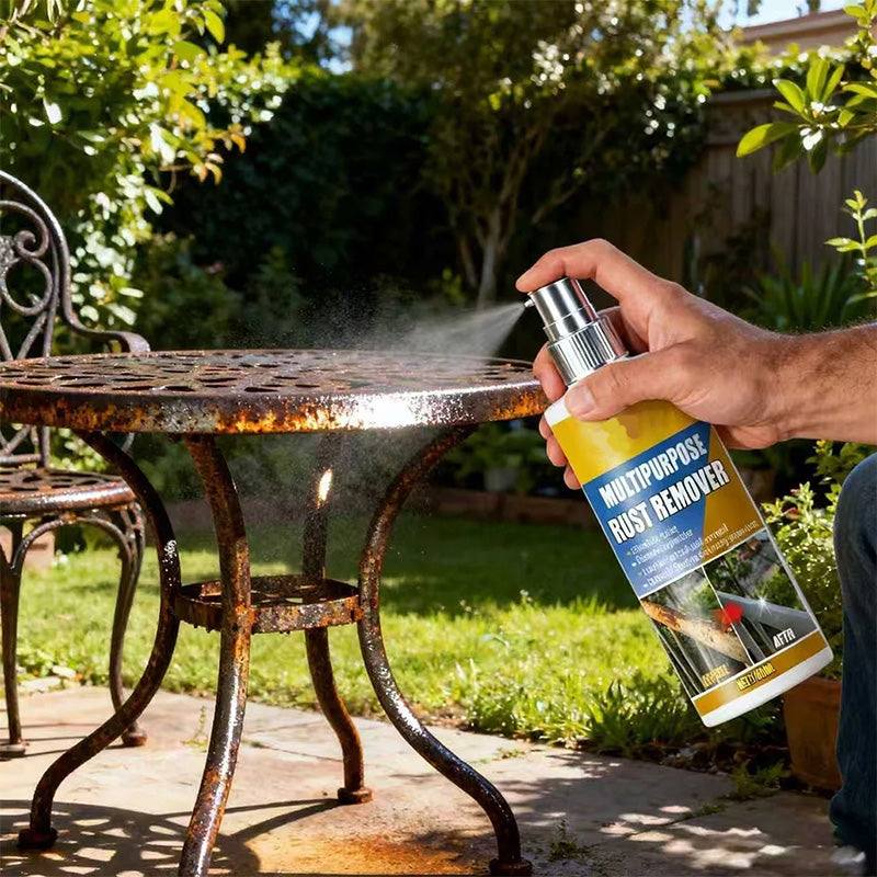 Arenzza heavy-duty rust dissolver for metal surfaces in a household cleaning setting, showing the product bottle and rusted metal.