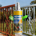 Arenzza heavy-duty rust dissolver spray for metal surfaces in a household cleaning setting showing the product bottle and application area.